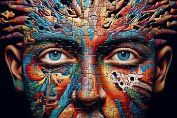 Puzzle concept with a person. Emotional chaos in a person's head - obrazy, fototapety, plakaty