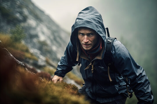 AI generated image of a young man walking up a hillside in the rain, doing mountaineering.
