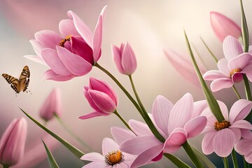 Beautiful delicate floral composition with pink tulips and fluttering butterflies. Greeting holiday card with flowers