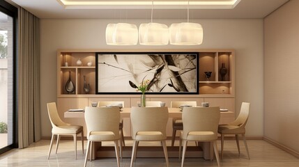 Beige walls in modern dining room interior design.