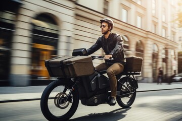Fototapeta na wymiar man riding on electric cargo bike in the city 
