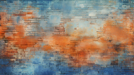 Brick wall is painted orange and blue with grungy background