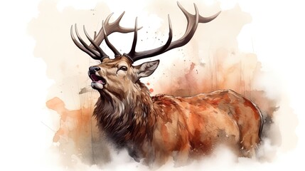 Red deer bellowing, watercolor drawing. AI generated
