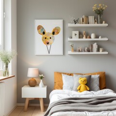 Cozy child's bedroom with calming gray walls, floating bookshelves, a comfortable bed, bedside table with a lamp, all bathed in natural light from the nearby window