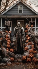 Naklejka premium Halloween pumpkin on a grave. AI generated art illustration.