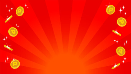 赤い放射状の集中線にポイントのコインが飛ぶベクターイラスト。バナーやサムネイルの背景に。