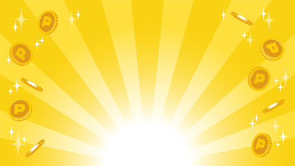 放射状の集中線にポイントのコインが飛ぶベクターイラスト。バナーやサムネイルの背景に。