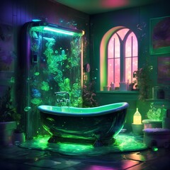green bathroom with attractive light and details 