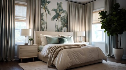 Stylish bedroom with window adorned by beautiful curtains.