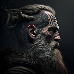 Medieval warrior berserk Viking with tattoo on skin, red beard and braids in hair with axe and shield attacks enemy. Concept historical photo - obrazy, fototapety, plakaty