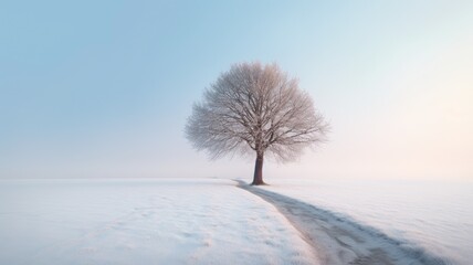 Lone lonely tree in winter snow and lake solitude, minimalist. Generative AI image weber.