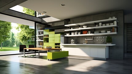 Modern house design concept with a minimalist kitchen featuring grey and green interior, concrete floor, open shelves, and a window. .