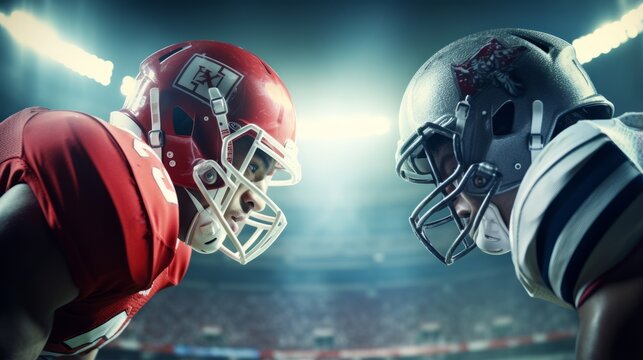 Two football players in a stadium facing off during a match