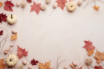 Happy Thanksgiving season celebration traditional pumpkins on decorated pastel table fall leaves background. Halloween decorations wood autumn cozy flat lay, top view, copy space.