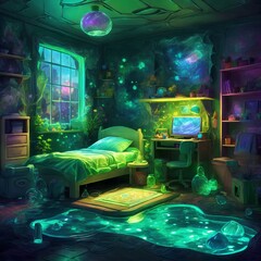 green children's bedroom with attractive light and details 