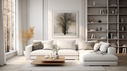 Scandinavian interior design with a white sofa in a stylish room.