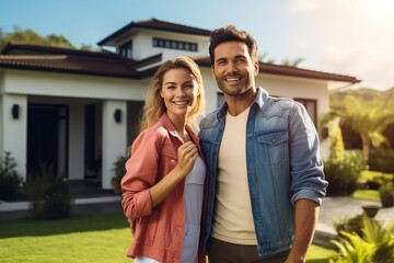 Naklejka premium A happy young couple with their dream home in the background, symbolizing homeownership and the real estate market.'generative AI'