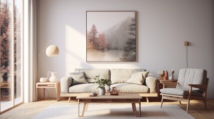 a Scandinavian style living room with a modern poster frame.