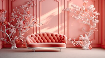 Coral themed interior in festive and romantic 3D render.