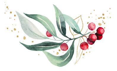 Christmas bouquet with watercolor twigs with green leaves and red berries. Holidays Illustration