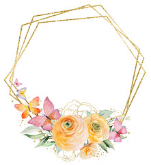 Frame with butterflies on orange and yellow watercolor flowers and green leaves, illustration
