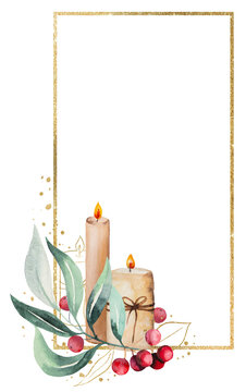 Christmas frame with watercolor candles, green leaves and red berries. Holidays design Illustration