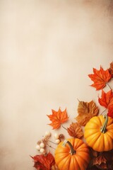Happy Thanksgiving season celebration traditional pumpkins on decorated table fall autumn leaves background. Halloween decorations autumn cozy backdrop, mock up, copy space.