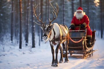 Photo of Santa Claus riding in a sleigh pulled by a reindeer during the Christmas season created with Generative AI technology - obrazy, fototapety, plakaty