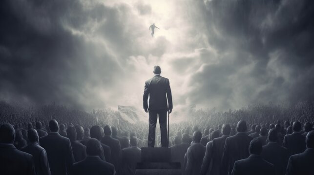 leadership conceptual image, a true born leader standing in front of the cheering crowd. beautiful Generative AI AIG32