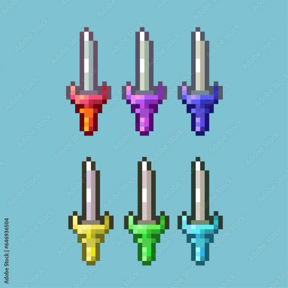Poster pixel art sets of sword weapons with variation color items asset. simple weapons sword on pixelated 