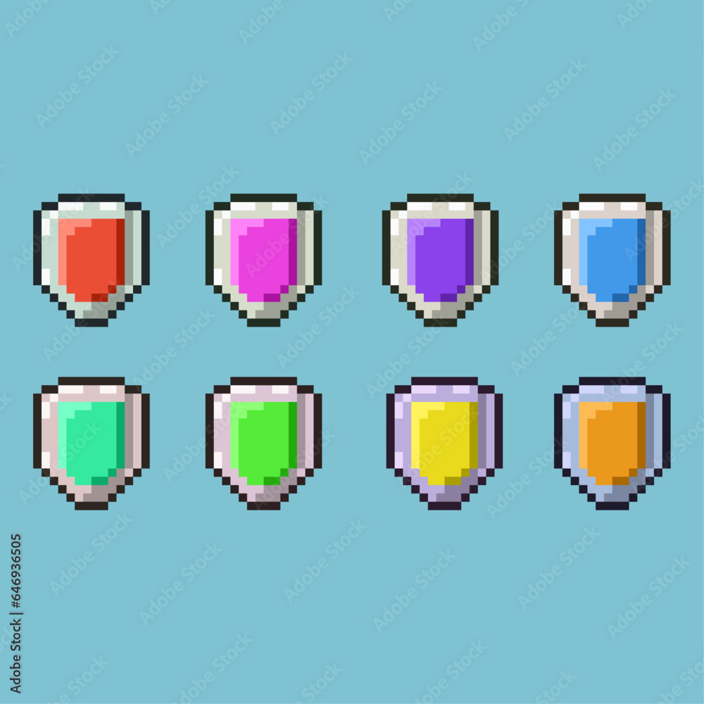 Poster pixel art sets of shield defense with variation color items asset. simple shield on pixelated style.