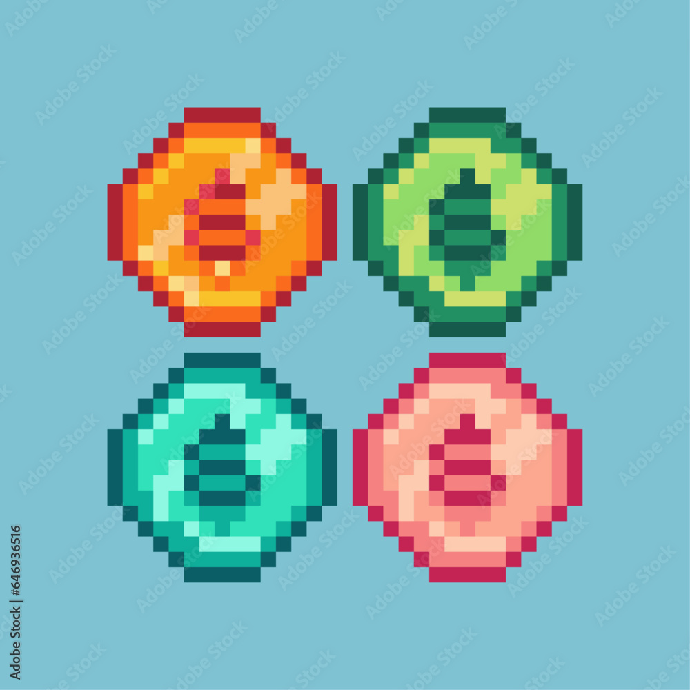 Fototapete pixel art sets of coin dollars money with variation color items asset. simple coin on pixelated styl