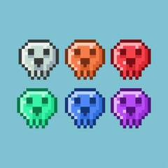 Obraz premium Pixel art sets of halloween skull head bones with variation color items asset. simple bones on pixelated style.8bits perfect for game asset or design asset element for your game design asset.
