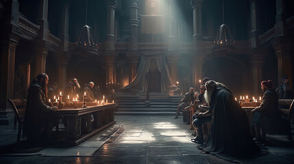 Generated with AI. Dwarves gathered in a council in the hall. - obrazy, fototapety, plakaty