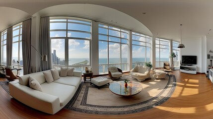 Luxury apartment living room in Batumi, Georgia, captured in 360 degree seamless HDR panoramic view using equirectangular projection for VR content. - obrazy, fototapety, plakaty