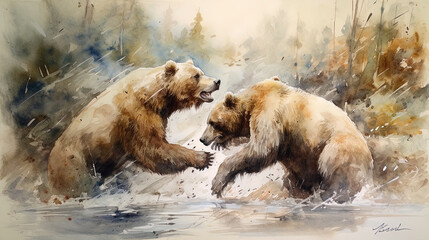 Watercolor painting of two brown or grizzly bears fighting.Generated with AI. - obrazy, fototapety, plakaty