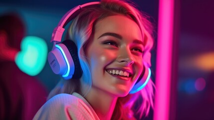 candid shot of an excited young scandinavian woman party with headphones. beautiful Generative AI AIG32