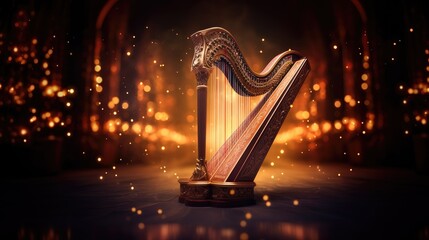 intricate details of a beautifully adorned concert harp, with soft light accentuating the curves...