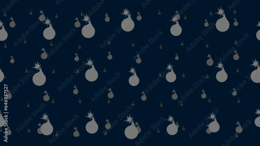 Poster bomb symbols float horizontally from left to right. parallax fly effect. floating symbols are locate