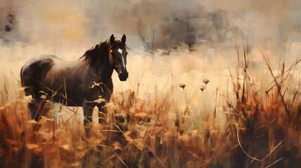 Black Horse in a Field Landscape - Soft Brushwork Digital Oil Painting - Generative AI - obrazy, fototapety, plakaty