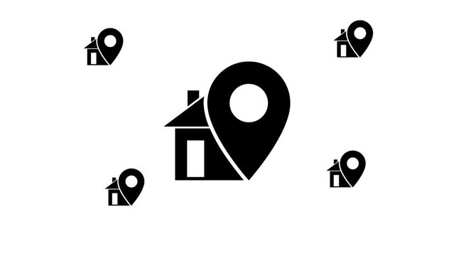 Zoom in and out animation the real estate location symbol. Large black symbol in the center and four small symbols around. Seamless looped 4k animation on white background