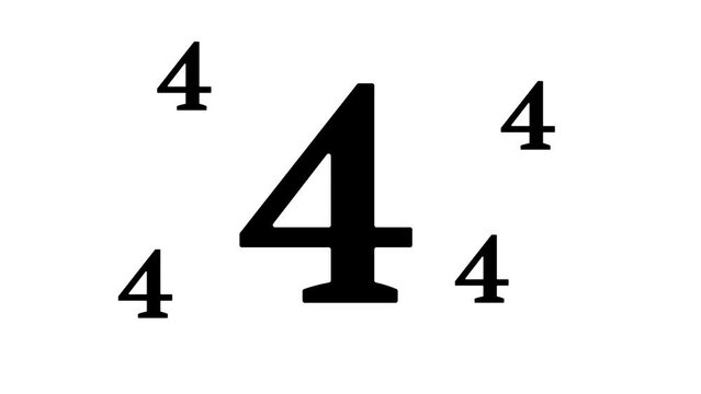 Zoom in and out animation the number four symbol. Large black symbol in the center and four small symbols around. Seamless looped 4k animation on white background