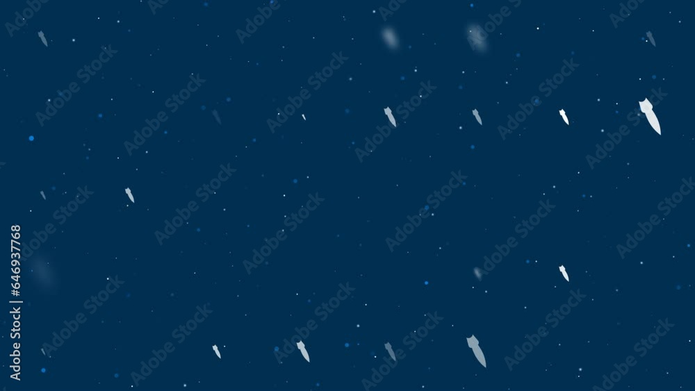 Poster template animation of evenly spaced falling rocket symbols of different sizes and opacity. animation