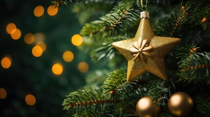 Preparing for Christmas with a golden star on a tree adorned with green spruce and garlanded golden balls.