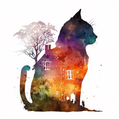 House where the cat is watercolor drawing and silhouette