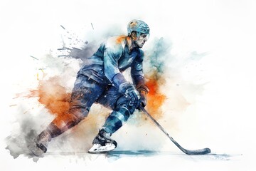 Man playing ice hockey, portrait of a professional hockey player in action. Watercolor painting. Generative AI.