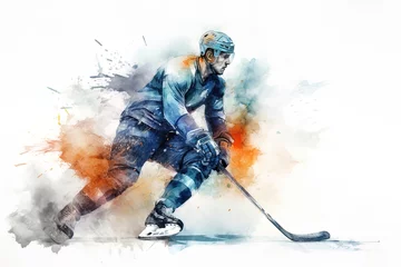 Foto op Plexiglas Man playing ice hockey, portrait of a professional hockey player in action. Watercolor painting. Generative AI. © HC FOTOSTUDIO