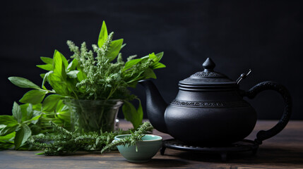 Black iron Asian teapot with sprigs of mint for tea 