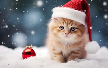 Adorable  kitten in Santa hat over blurred snowy blue background with showflakes. Copy space. Greeting card concept