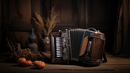 depicts the nostalgic charm of an antique accordion resting against a weathered wooden table, bathed in warm, natural light. - obrazy, fototapety, plakaty